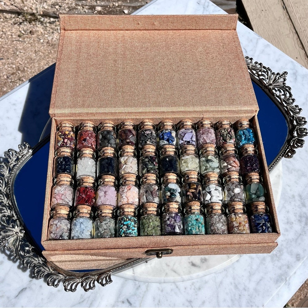 Boxed Natural Crystal Collection, 40 Corked Glass Bottles, Labeled Sample Jars